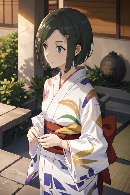 best quality, masterpiece, highres, solo, {yukata:1.40}, {kimono:1.20}, {hata_ranko_seitokaiyakuindomo:1.15}, short_hair, hair_ornament, hairclip, black_hair, green_hair, bow