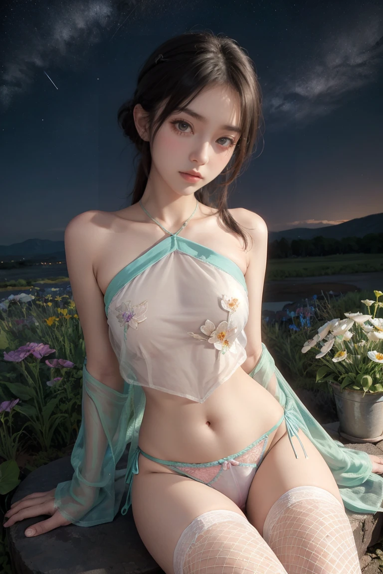 1girl,underwear,side-tie panties,see-through,panties,fishnet thighhighs,bare shoulders,hair ornament,hair flower,flower,navel,meadow,starry sky,<lora:Sexy nightgown Chinese Hanfu(84):0.8>,arms_behind_back,huge breasts,glossy body,hot spring,steam rising,sitting beside spring,rocks around spring,scattered leaves and flowers,night sky full of stars,paper lanterns hanging above,candles along rocks,detailed natural background with warm lighting,pink flower petals floating in spring,makeup,oval face,lift the corset,