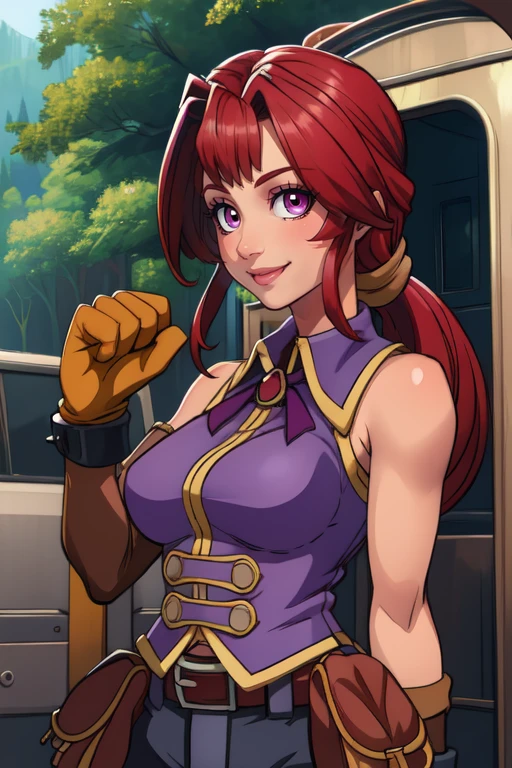 Monica,red hair, low-tied ponytail, solo, upper body, smiling,
brown gloves,shorts,pouch,sleeveless,belt,jewlery,purple shirt,
train station, forest,
(insanely detailed, beautiful detailed face, masterpiece, beautiful detailed eyes, best quality)
<lora:Monica-10v3:0.8>