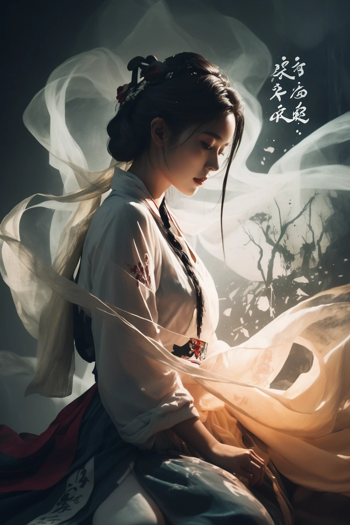 Double Exposure Style, Volumetric Lighting, Outlast style,a girl with Tulle skirt,leaning forward,Traditional Attire,Artistic Calligraphy and Ink,Faceless Butcher, light depth, dramatic atmospheric lighting, Volumetric Lighting, double image ghost effect, image combination, double exposure style