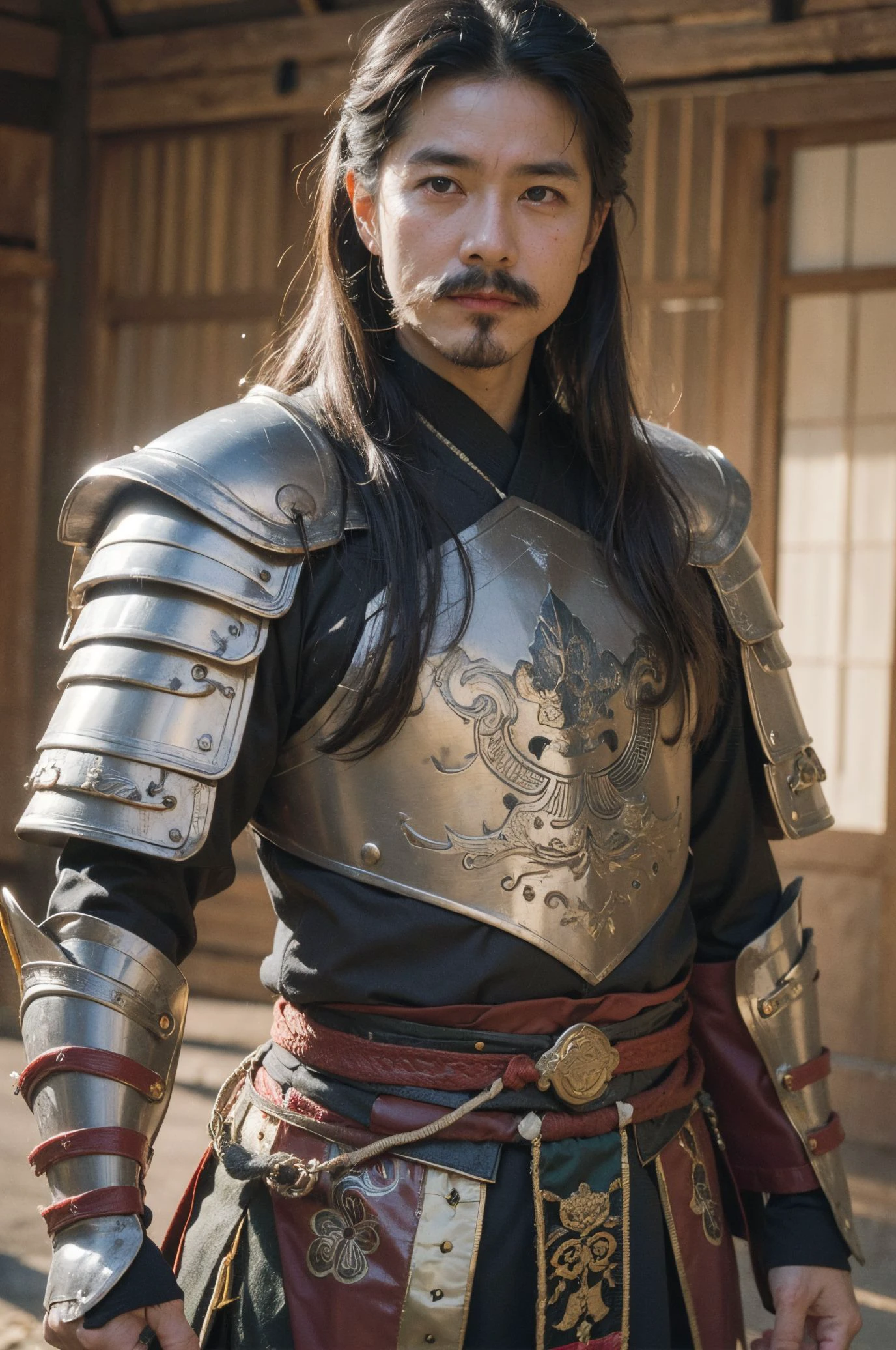 ((1 boy)), portrait of ancient asian warrior guy, wear armor, notable military leaders from the Goguryeo kingdom in ancient Korea, standing on the battlefield, war , sword on a hand, <lora:FilmVelvia3:0.5> ,
, picture of a vivid, (masterpiece:1.2),(extremely detailed),(8k:1.1),(perfect lighting,best quality,highres,original),(realistic photography:1.4) ,high detailed skin,shaded face, soft lighting, (small face),RAW, ultra highres, pores visible, ((very long mustache)), ((50 yo warrior guy))