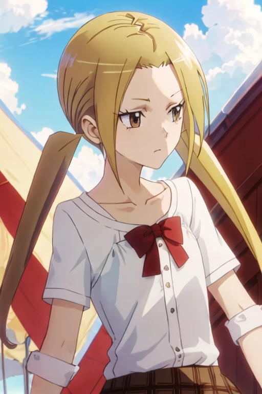 best quality, masterpiece, highres, solo, {hagimura_suzu_seitokaiyakuindomo:1.15}, blonde_hair, long_hair, twintails, brown_eyes, 1girl, cloud, sky, day, collarbone, closed_eyes