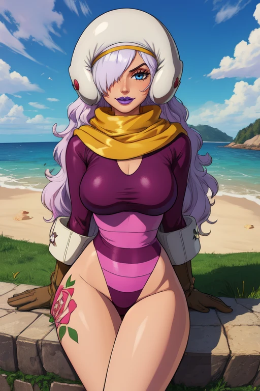 charlotte, long white hair, helmet, purple lips, thigh tattoo, blue eyes, hair over one eye,
pink leotard, scarf, gloves,
upper body, smile, sitting,
cake island, sweets, outdoors,
(insanely detailed, beautiful detailed face, masterpiece, best quality)
<lora:Smoothie:0.7>