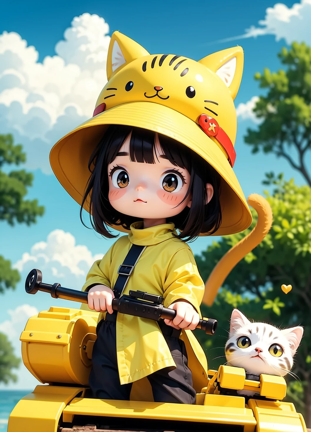 cute comic, 1 magica holding weapon, motor vehicle, tank, cat, hat, yellow, bangs, no nose, blush, cloud, sky
<lora:cute_social_Comic-10:0.65>