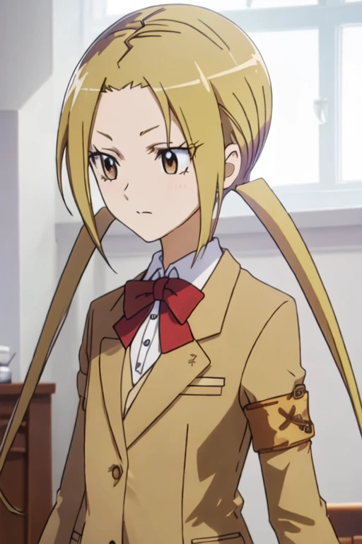best quality, masterpiece, highres, solo, {hagimura_suzu_seitokaiyakuindomo:1.15}, blonde_hair, long_hair, twintails, brown_eyes, 1girl, bow, bowtie, school_uniform, red_bow, red_bowtie, shirt, upper_body, white_shirt, jacket, blazer, closed_mouth, collared_shirt