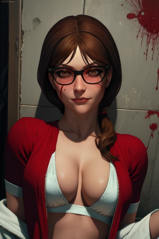 Tatiana,brown hair, brown eyes, l ong hair, blush,
white red jacket, glasses, white Loungerie,
solo, cleavage cutout, light smile, blood on clothes, black underwear,
abandoned hospital, dark, horror \(theme\),
(insanely detailed, beautiful detailed face, masterpiece, best quality)
<lora:TatianaGutierrez:0.8>