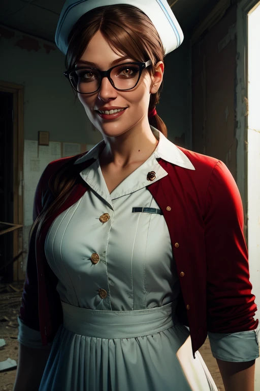 Tatiana,brown hair, brown eyes, ponytail,
glasses, nurse cap , white dress shirt, red jacket, pantyhose,
upper body, smile, solo, standing, close up,
abandoned hospital, night,
(insanely detailed, beautiful detailed face, masterpiece, best quality)
<lora:TatianaGutierrez:0.7>