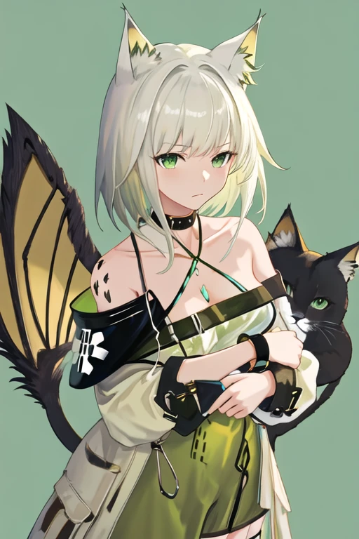 best quality, masterpiece, highres, solo, {kal_tsit_arknights:1.15}, animal_ears, cat_ears, green_eyes, animal_ear_fluff, bangs, short_hair, closed_mouth, upper_body, oripathy_lesion_\(arknights\), white_hair, breasts, green_hair, 1girl, bare_shoulders, black_choker, choker, cleavage, collarbone, dress, green_background, green_dress, halterneck, looking_at_viewer, simple_background, large_breasts, off_shoulder, character_name, criss-cross_halter, from_above