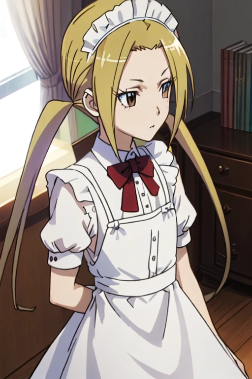 best quality, masterpiece, highres, solo, {maid:1.40}, {long maid dress:1.15}, {hagimura_suzu_seitokaiyakuindomo:1.15}, blonde_hair, long_hair, twintails, brown_eyes