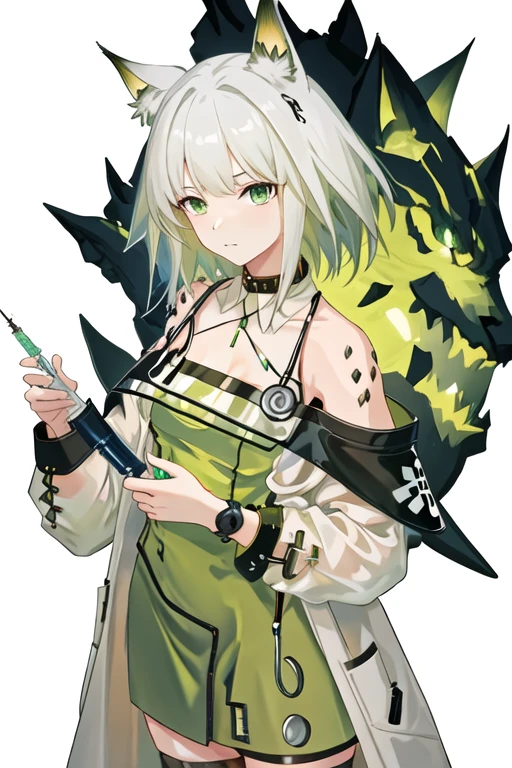 best quality, masterpiece, highres, solo, {kal_tsit_arknights:1.15}, animal_ears, cat_ears, green_eyes, animal_ear_fluff, bangs, short_hair, closed_mouth, upper_body, oripathy_lesion_\(arknights\), white_hair, breasts, green_hair, 1girl, bare_shoulders, holding, holding_syringe, looking_at_viewer, off_shoulder, syringe, dress, green_dress, hand_up, white_background, off-shoulder_dress, simple_background, long_sleeves, stethoscope, grey_hair