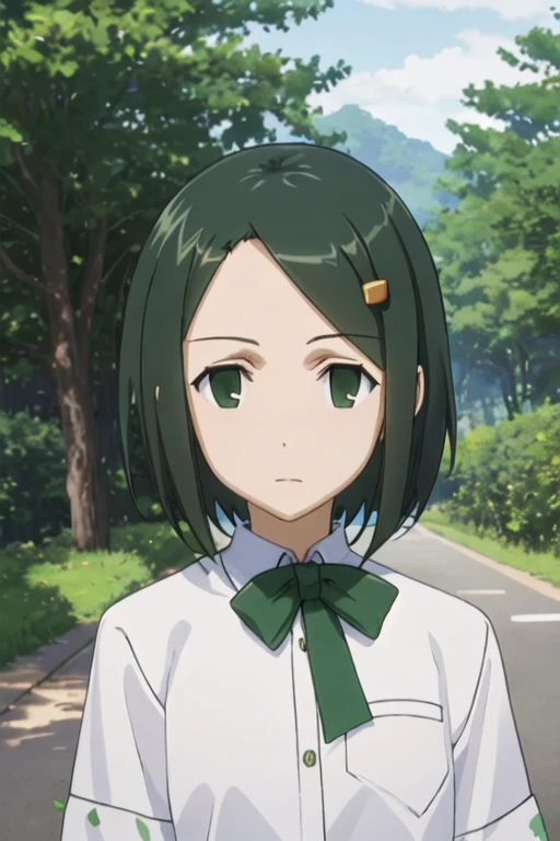 best quality, masterpiece, highres, solo, {hata_ranko_seitokaiyakuindomo:1.15}, short_hair, hair_ornament, hairclip, black_hair, green_hair, bow