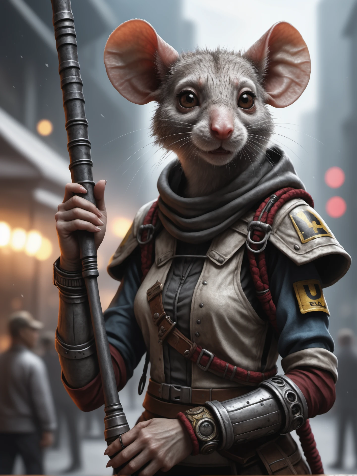 a cyberpunk mouse woman  holding a "VAE" Flagg, detailed photo, detailed, realistic, 8k uhd, high quality