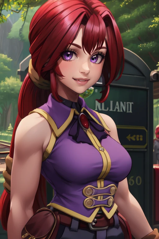 Monica,red hair, low-tied ponytail, solo, upper body, smiling,
brown gloves,shorts,pouch,sleeveless,belt,jewlery,purple shirt,
train station, forest,
(insanely detailed, beautiful detailed face, masterpiece, beautiful detailed eyes, best quality)
<lora:Monica-10v3:0.8>