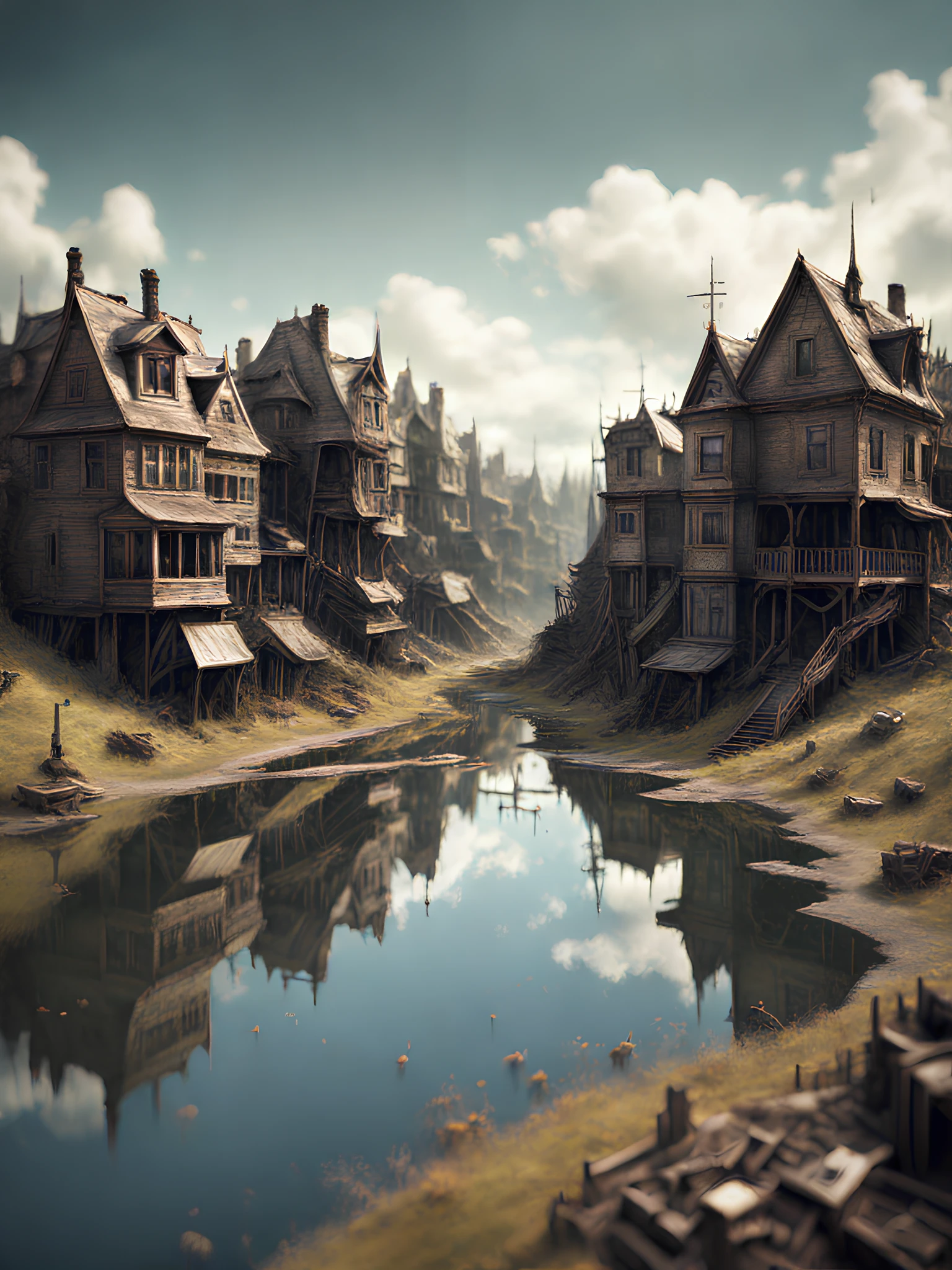 [art by Luke Fildes,art by James Gillray::3], Fractal, dense lake, Skilled "The Suburban of Macabre", tilt shift, Sketch, Joyful, Post-Apocalyptic, Motion blur