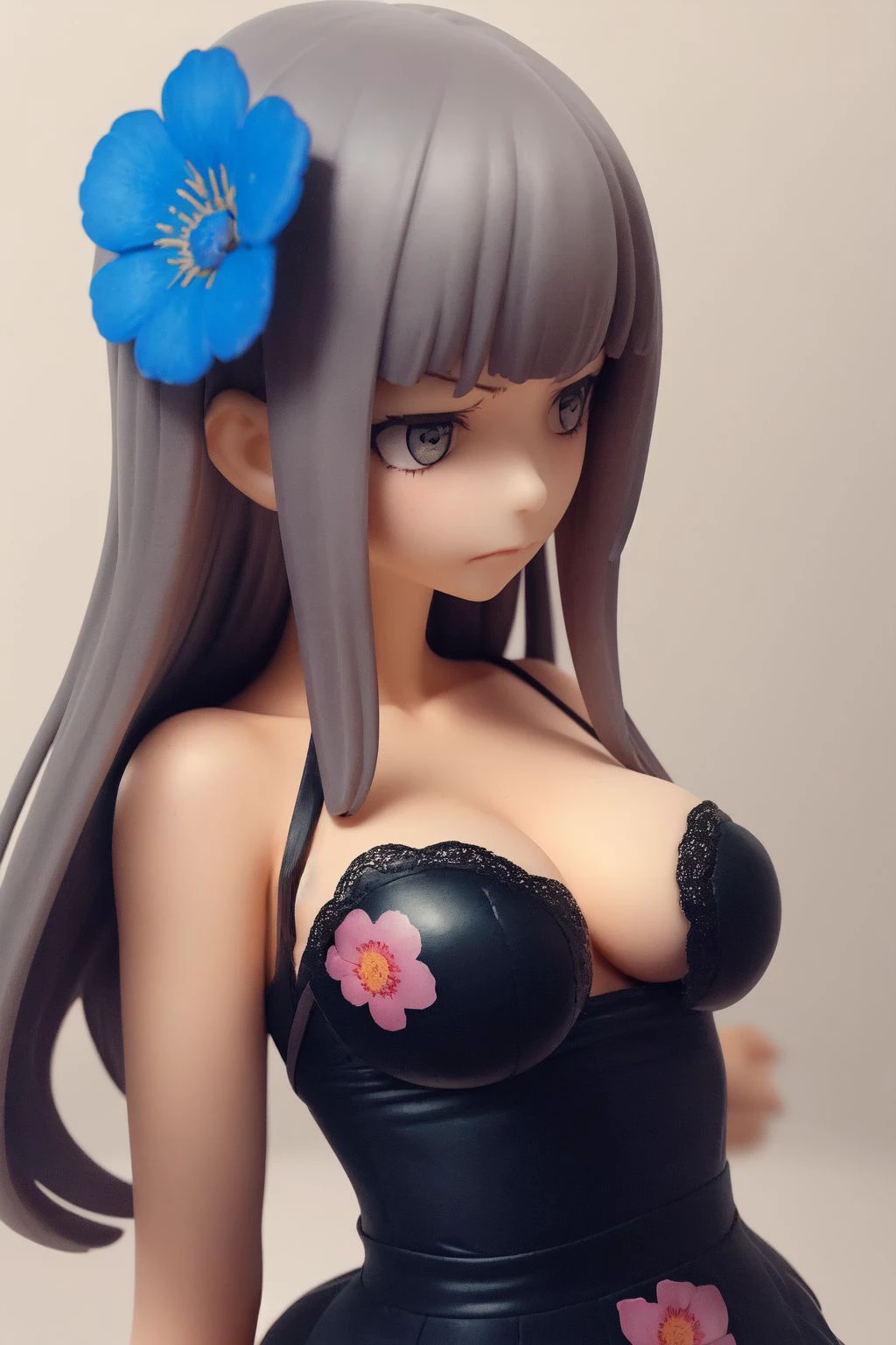upper body, solo, 1girl, looking to the side, scowl, medium breasts, foggy atmosphere, Blue_Lace_Flower \(flower\), floral background <lora:erofigure_v01.04:1>