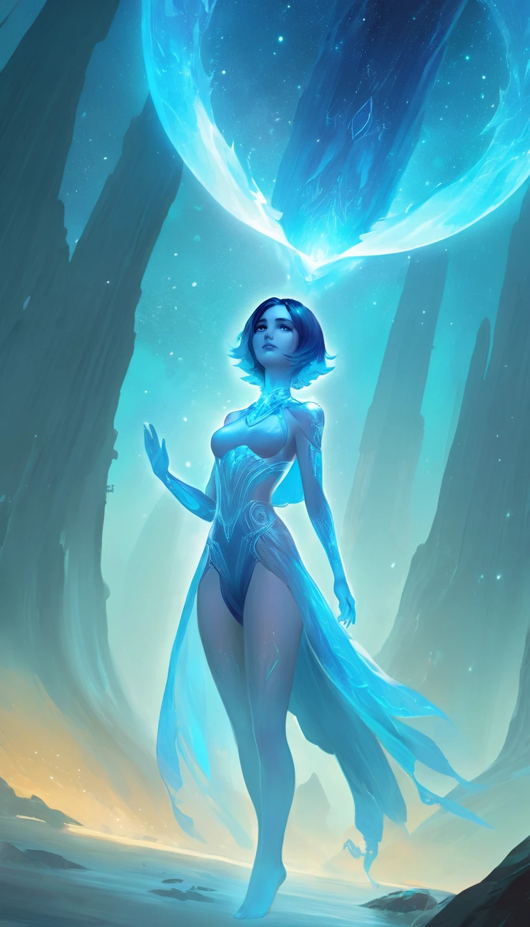 ethereal fantasy concept art of Cinematic scene, hero view, Cortana <lora:cortana_xl_v3:1>, action pose, detailed background, masterpiece, best quality, high quality, absurdres . magnificent, celestial, ethereal, painterly, epic, majestic, magical, fantasy art, cover art, dreamy