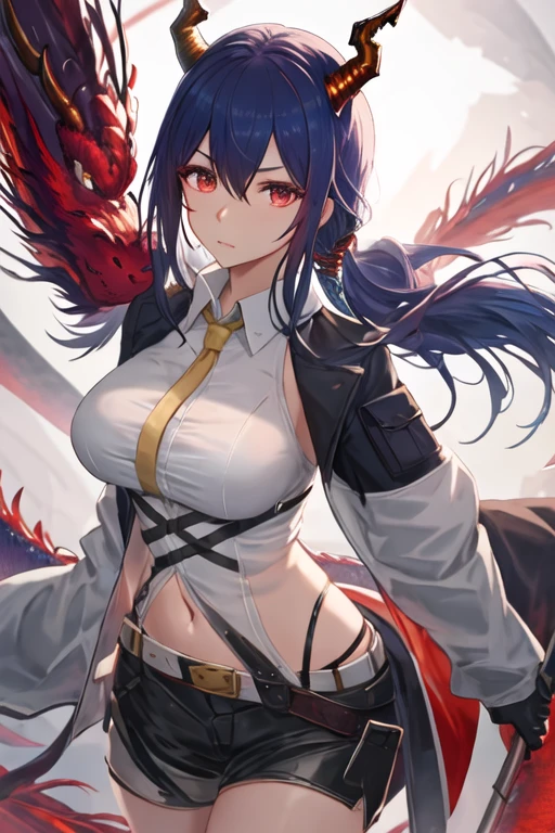 best quality, masterpiece, highres, solo, {ch_en_arknights:1.15}, horns, dragon_horns, long_hair, blue_hair, red_eyes, bangs, hair_between_eyes, breasts, upper_body, sidelocks, medium_breasts