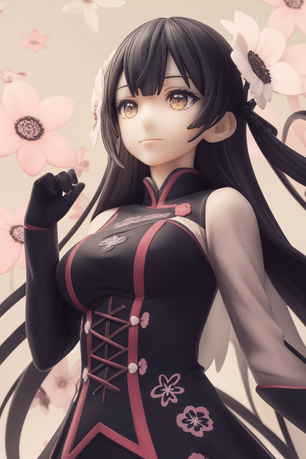 upper body, solo, 1girl, look up to, =v=, medium breasts, glttering light, Blazing_Star \(flower\), floral background <lora:erofigure_v01.04:1>