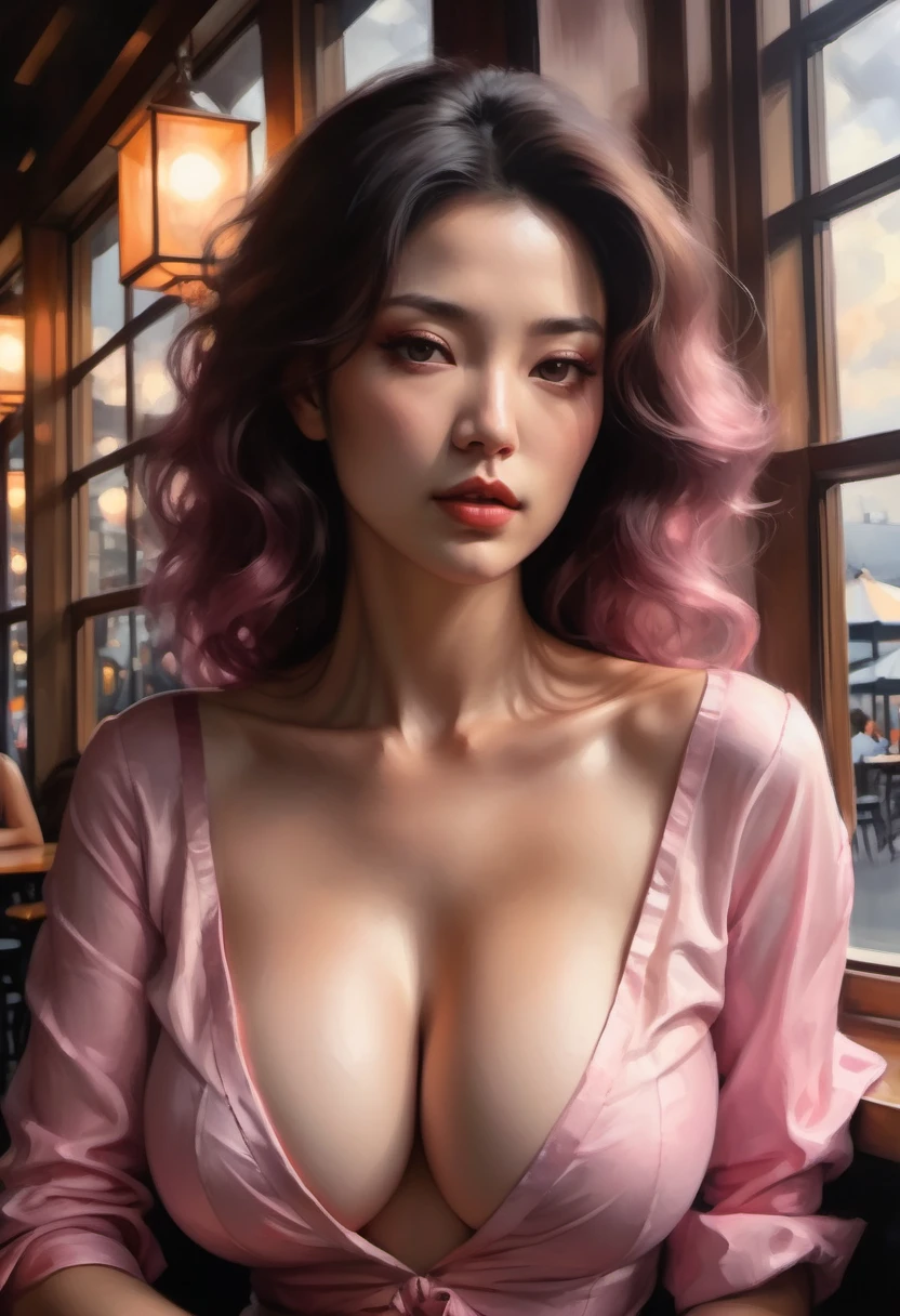 acrylic painting, style of (Hokusai, Kim Keever,  Casey Baugh) (seductive:1.3) (busty:1.4) (suggestive) 45yo brunette , pink shirt, cleavage, sitting in caf, cinematic, dimmed colours, film grainy, lut, insane details, intricate details, [[[freckles]]] [skin pores][skin details] ((POV outside caf window looking in)) late evening