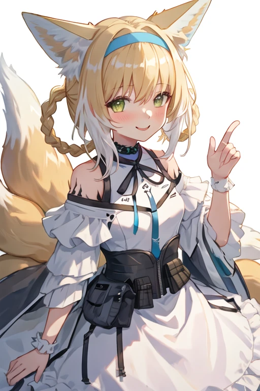 best quality, masterpiece, highres, solo, {suzuran_arknights:1.15}, fox_ears, animal_ears, blonde_hair, bangs, fox_girl, green_eyes, hairband, animal_ear_fluff, fox_tail, tail, blue_hairband, multicolored_hair, multiple_tails, white_hair, braid, hair_rings, smile, infection_monitor_\(arknights\), kitsune, upper_body, blush, hair_between_eyes, 1girl, frilled_hairband, frills, long_hair, looking_at_viewer, neck_ribbon, official_alternate_costume, red_ribbon, ribbon, shirt, white_shirt, closed_mouth, hair_down, on_head, jacket, streaked_hair