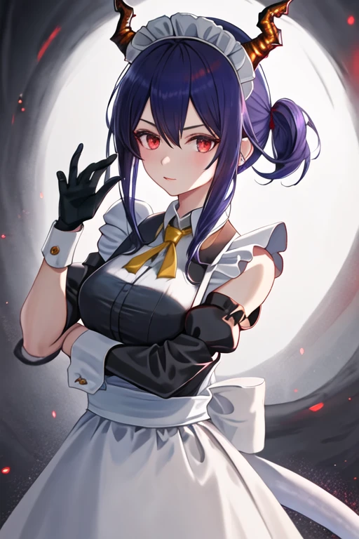 best quality, masterpiece, highres, solo, {maid:1.40}, {long maid dress:1.15}, {ch_en_arknights:1.15}, horns, dragon_horns, long_hair, blue_hair, red_eyes, bangs, hair_between_eyes, breasts, upper_body, sidelocks, medium_breasts