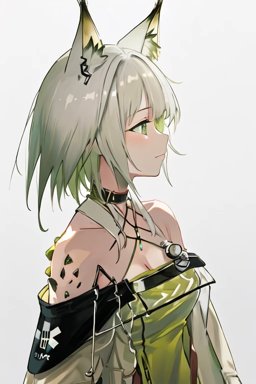 best quality, masterpiece, highres, solo, {kal_tsit_arknights:1.15}, animal_ears, cat_ears, green_eyes, animal_ear_fluff, bangs, short_hair, closed_mouth, upper_body, oripathy_lesion_\(arknights\), white_hair, breasts, green_hair, 1girl, bare_shoulders, choker, from_side, profile, simple_background, white_background, off_shoulder, collar