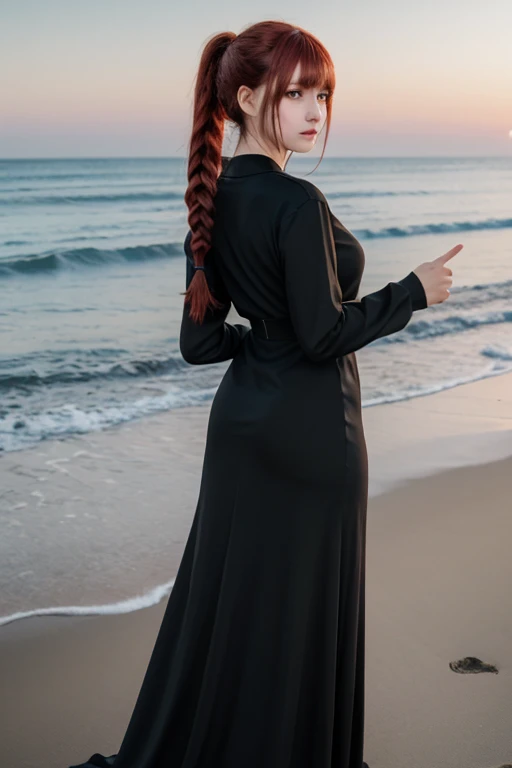 best quality,
1girl,
standing, looking back, pointing, 
large breasts, mature female, (collarbone:0.5), 
black dress, long dress, long sleeves,
red hair, swept bangs, sidelocks, low ponytail, braided ponytail, long hair,
(yellow eyes:0.7), (ringed eyes:0.7), expressionless,
beach, dawn, dark,