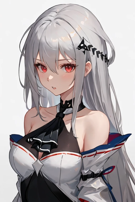 best quality, masterpiece, highres, solo, {skadi_arknights:1.15}, long_hair, bangs, red_eyes, hair_between_eyes, breasts, grey_hair, very_long_hair, upper_body, white_hair, large_breasts, medium_breasts, 1girl, bare_shoulders, looking_at_viewer, no_headwear, parted_lips, black_ascot, ascot, portrait, simple_background, white_background