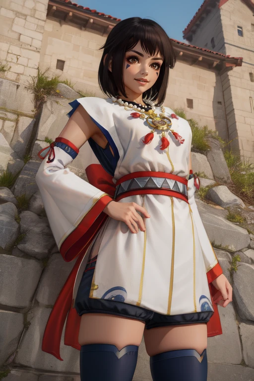 himiko, short black hair, brown eyes, facial mark, teeth, from below,
blue thighhighs, detached sleeves, white robe, necklace, shorts,
standing, upper body,
sengoku period, castle, solo, light smile,
(insanely detailed, beautiful detailed face, masterpiece, best quality)
<lora:himiko:0.7>