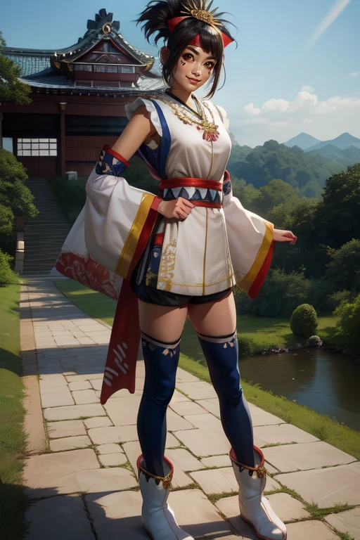himiko, short black hair, brown eyes, ponytail, facial mark,
headband, hair hair ornament, blue thighhighs, boots, detached sleeves, white robe, necklace, shorts,
standing, upper body,
sengoku period, castle, solo, light smile,
(insanely detailed, beautiful detailed face, masterpiece, best quality)
<lora:himiko:0.7>