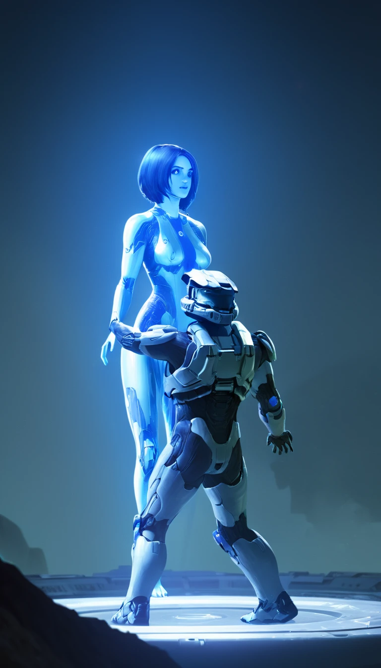 Cinematic scene, hero view, Cortana being touched by Master Chief <lora:cortana_xl_v3:1>, action pose, detailed background, masterpiece, best quality, high quality, absurdres