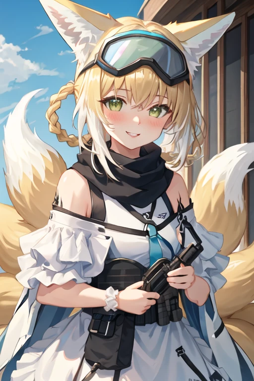 best quality, masterpiece, highres, solo, {suzuran_arknights:1.15}, fox_ears, animal_ears, blonde_hair, bangs, fox_girl, green_eyes, hairband, animal_ear_fluff, fox_tail, tail, blue_hairband, multicolored_hair, multiple_tails, white_hair, braid, hair_rings, smile, infection_monitor_\(arknights\), kitsune, upper_body, blush, hair_between_eyes, 1girl, black_scarf, blue_sky, goggles, goggles_on_head, long_hair, looking_at_viewer, official_alternate_costume, parted_lips, scarf, day, outdoors, sky, dirty_face, portrait