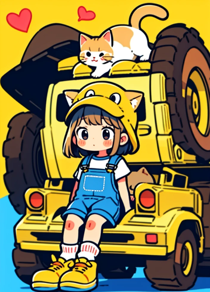 cute comic, 1girl, motor vehicle, cat, hat, yellow background, ground vehicle, overalls, solo, sitting, shoes, blue headwear, short hair, animal hat, yellow footwear, socks, brown hair, heart, blue footwear, black eyes, blush stickers, bangs, no nose, blush
<lora:cute_social_Comic-10:0.65>