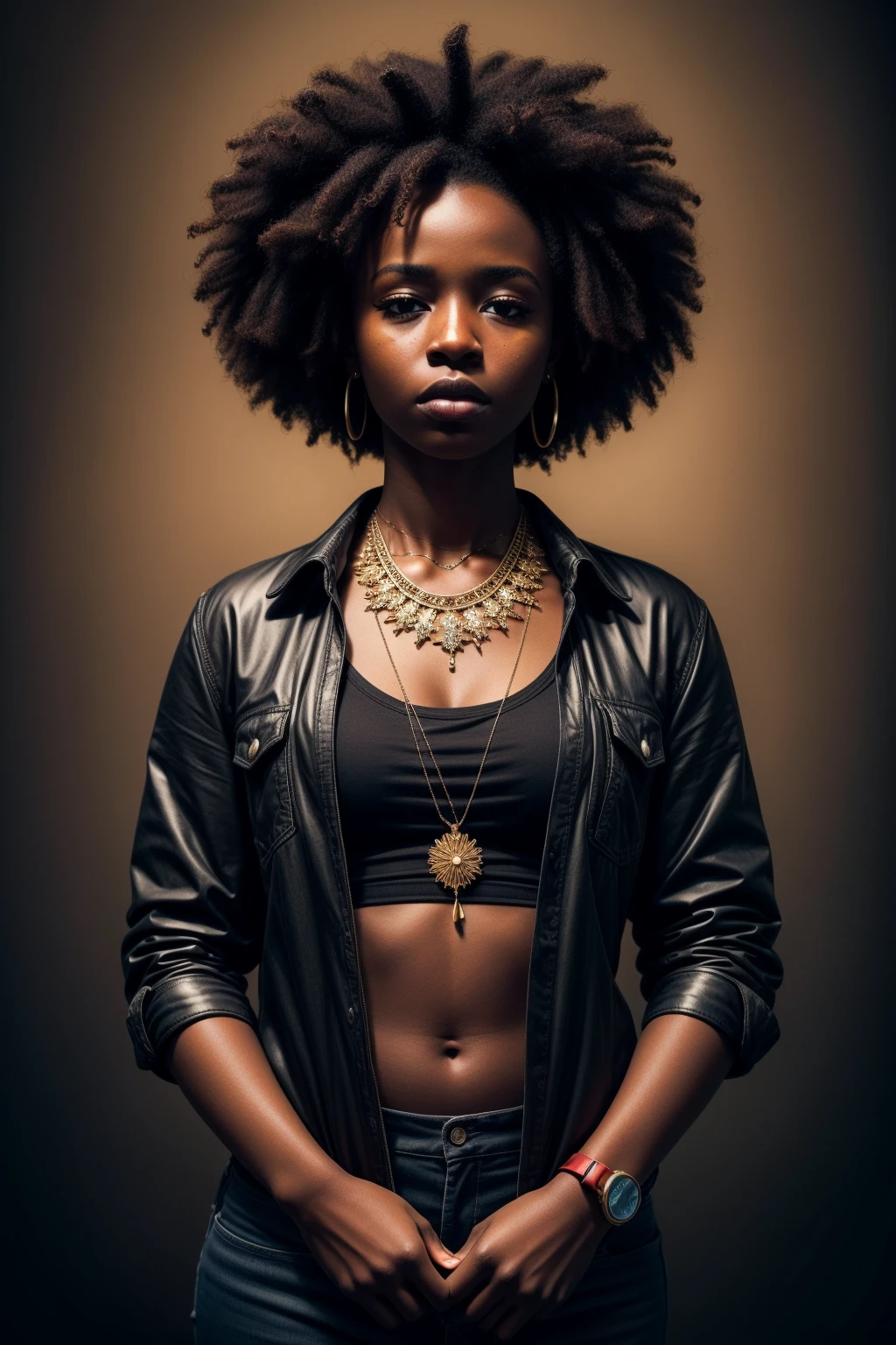 masterpiece, best quality, ultra high res, 1 dark skinned African girl, (fractal art:1.3), deep shadow, dark theme, fully clothed, necklace, forlorn, cowboy shot<lora:add_detail:1>