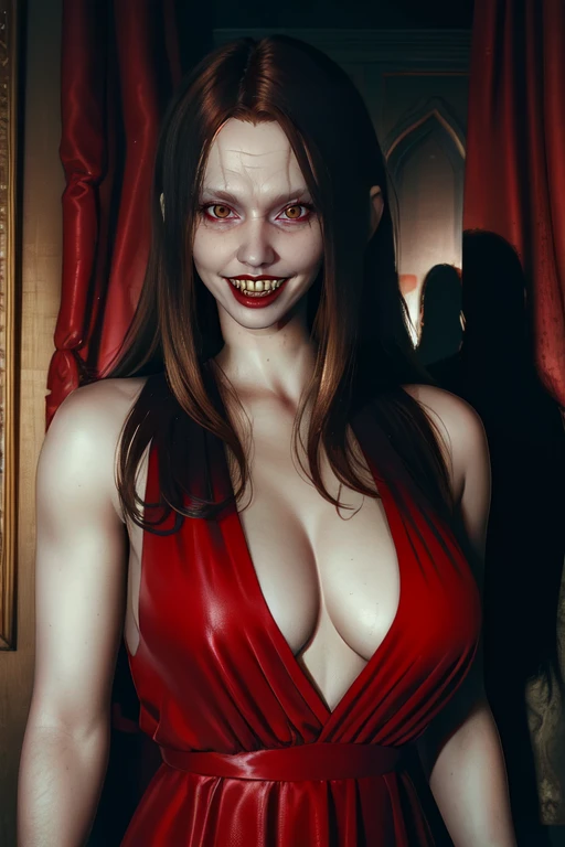 Guardian, brown eyes, red lips, pale skin, long brown hair,
red dress, cleavage cutout, teeth,
upper body, solo, light smile, in the shadows,
museum, red and black curtains, paintings, night, horror \(theme\),
(insanely detailed, beautiful detailed face, masterpiece, best quality) <lora:Guardian:0.7>