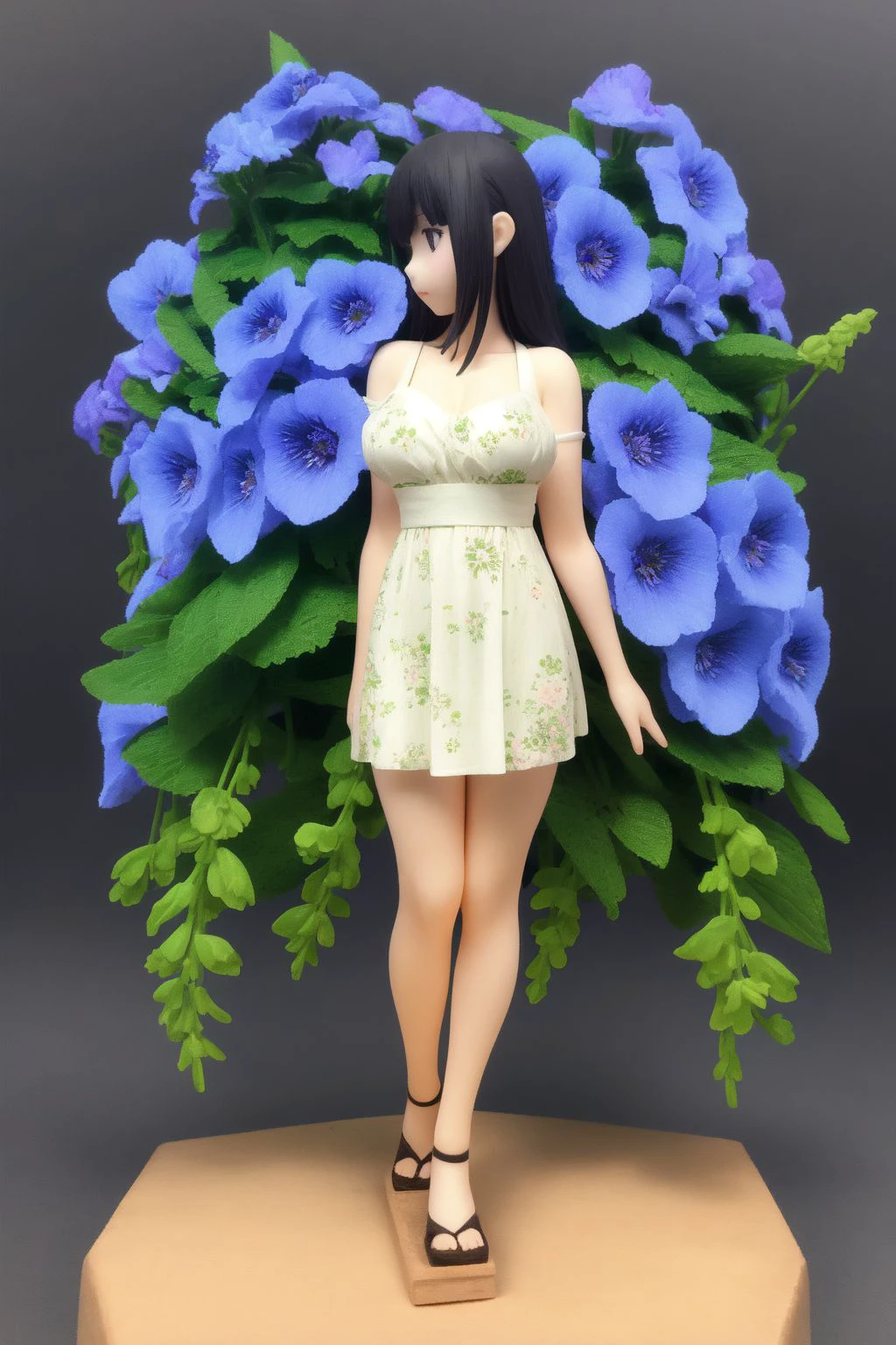 full body, solo, 1girl, looking away, aroused, medium breasts, bright, Annual_Delphinium \(flower\), floral background <lora:erofigure_v01.04:1>