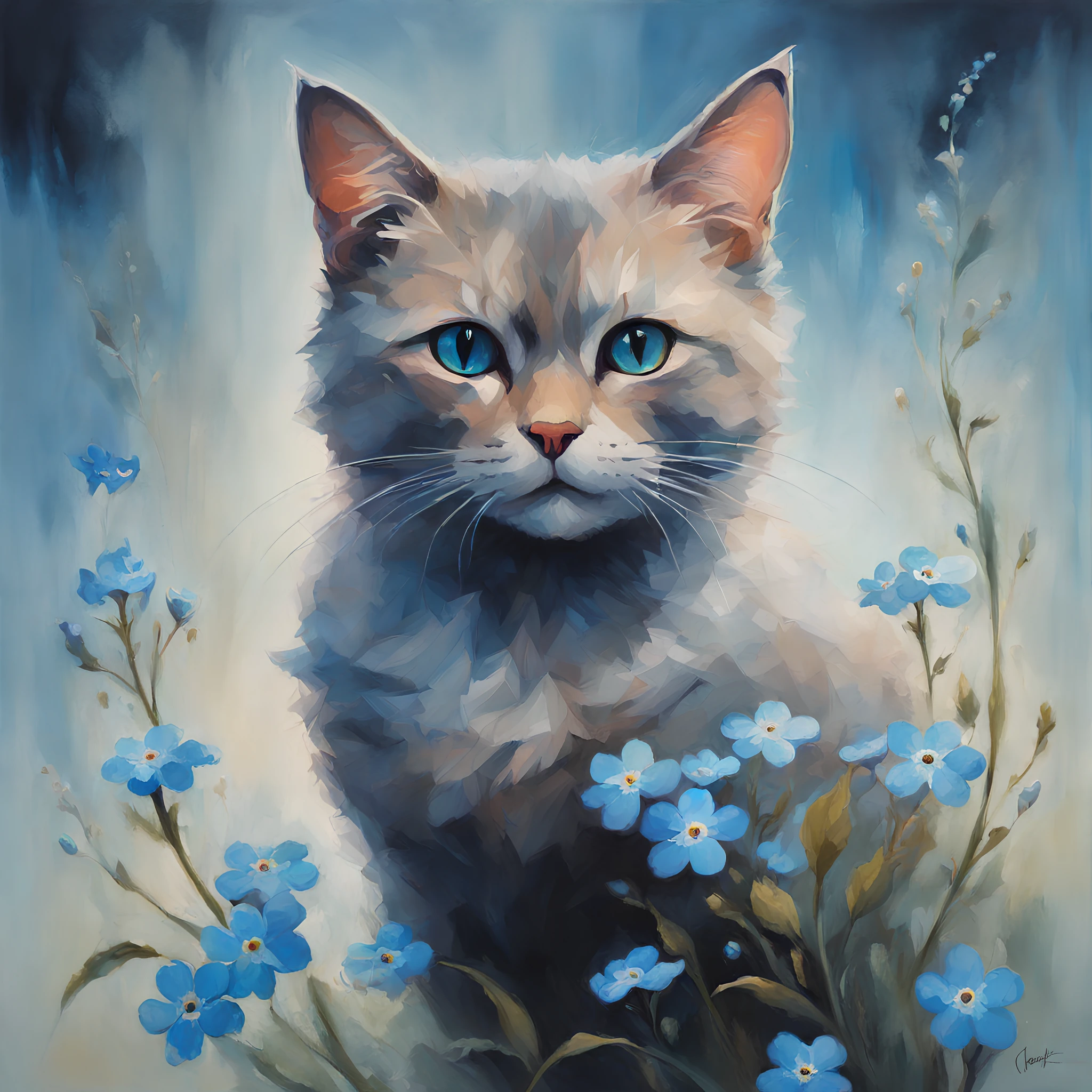 beautiful painting of a cat and a forget-me-not flower, in styles of Samantha Keely Smith and Ryan Hewett, creatures, digital, dream-like, ethereal, fantasy, magic-realism, mysterious, surreal, Expressionism, contemporary, Dream-like, Loneliness
