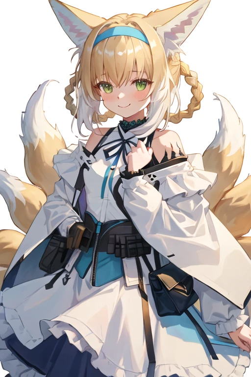 best quality, masterpiece, highres, solo, {suzuran_arknights:1.15}, fox_ears, animal_ears, blonde_hair, bangs, fox_girl, green_eyes, hairband, animal_ear_fluff, fox_tail, tail, blue_hairband, multicolored_hair, multiple_tails, white_hair, braid, hair_rings, smile, infection_monitor_\(arknights\), kitsune, upper_body, blush, hair_between_eyes, 1girl, frilled_hairband, frills, jacket, long_hair, long_sleeves, looking_at_viewer, neck_ribbon, official_alternate_costume, open_clothes, red_ribbon, ribbon, shirt, white_shirt, blue_skirt, open_jacket, puffy_long_sleeves, skirt, white_jacket, high-waist_skirt, on_head, puffy_sleeves, closed_mouth, very_long_hair, shoulder_bag, bag, simple_background, white_background