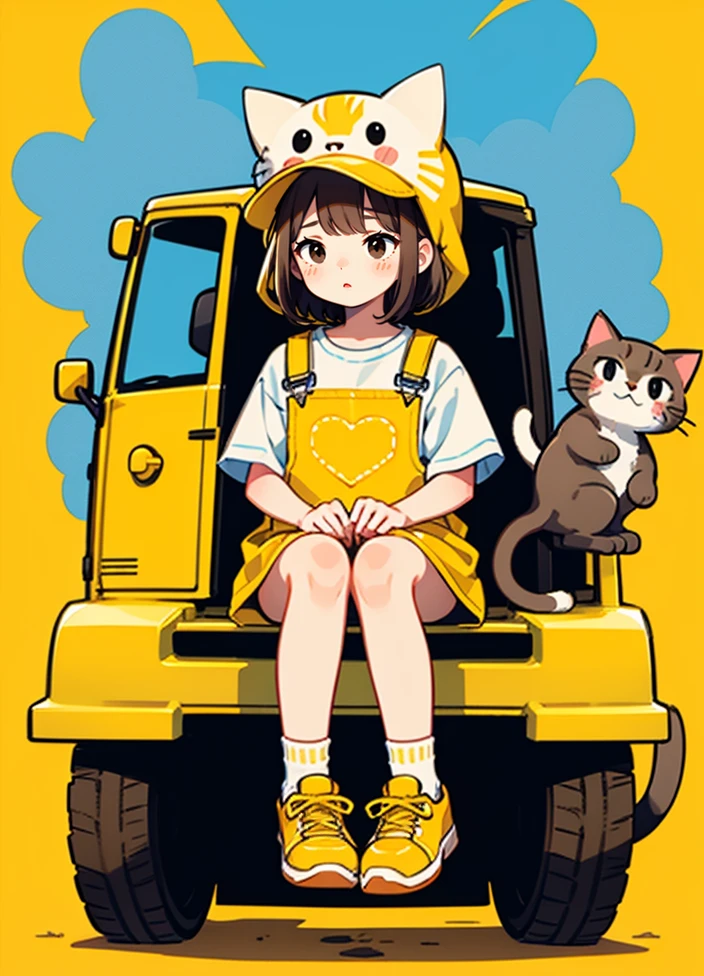 cute comic, 1girl, motor vehicle, cat, hat, yellow background, ground vehicle, overalls, solo, sitting, shoes, blue headwear, short hair, animal hat, yellow footwear, socks, brown hair, heart, blue footwear, black eyes, blush stickers, bangs, no nose, blush
<lora:cute_social_Comic-10:0.65>