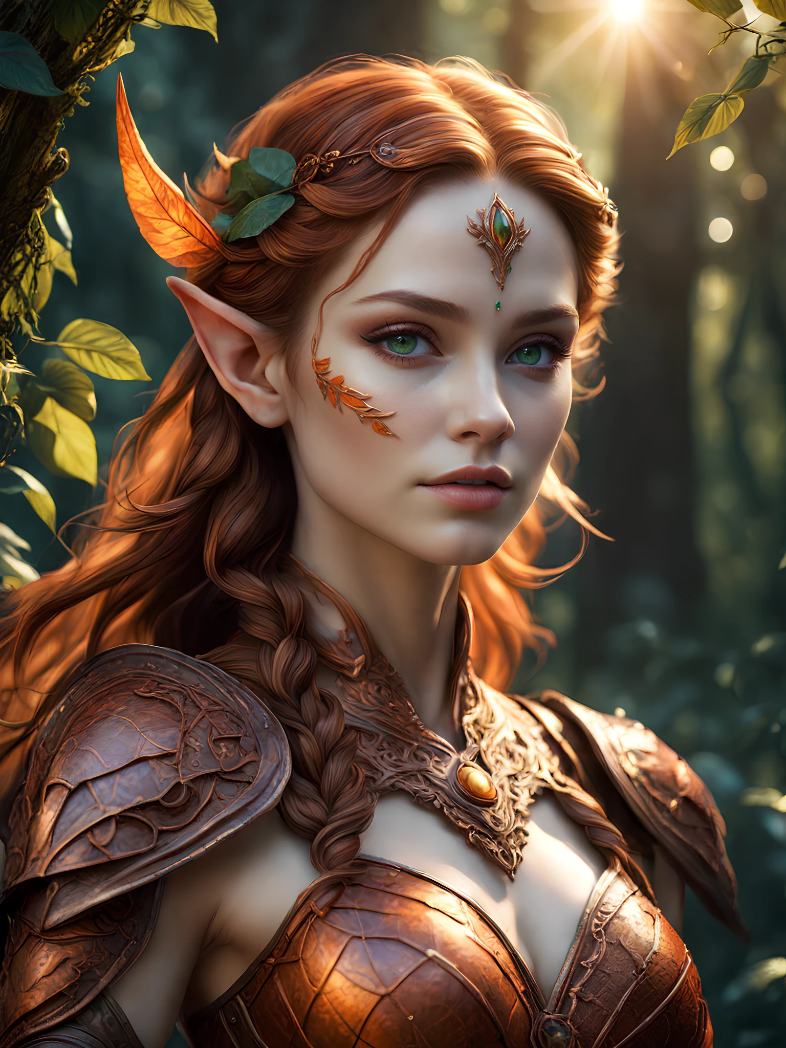 highly detailed, 4k, Wood Elf Ranger, (Female:1.5), Graceful and Lithe (Athletic Build:1.5), Emerald Eyes (Vibrant:1.5), Auburn Hair (Flowing:1.5), Coppery Silk, Leaf-Shaped Ornaments, Delicately Pointed Nose, Soft Rose Lips, Freckles (Subtle:1.25), Leather Armor (Vine Patterns:1.5), Calloused Hands, Long and Short Bows, Finely Crafted Shortsword, Fluid Grace in Movement, Harmony with Nature, (Sun-Kissed Skin:1.25), Keen Intelligence in Eyes, Engravings (Delicate:1.25), Connection to Wilderness, (Silent Footfalls:1.25), Harmonious Form, Vines (Intricate:1.5), Expertly Crafted Appearance, realistic, photo, film grain, dramatic lighting,, (gothic art style), highly detailed, evil alien overlord, furious:3, dynamic posture:2, high tech armor (glowing bright red and orange), facial expression, 32K, UHD, HDR, cinematic, cinematic image, intricate details, ultra-realism, dystopian palace, luxurious atmosphere, ultra-detailed, 32K, stunning image, IMAX, cinematic, award winning photography, intricate, low aperture (f1.2), dramatic lighting, cinematic composition, award-winning, professional, by (carlos kafu bazan), vibrant,