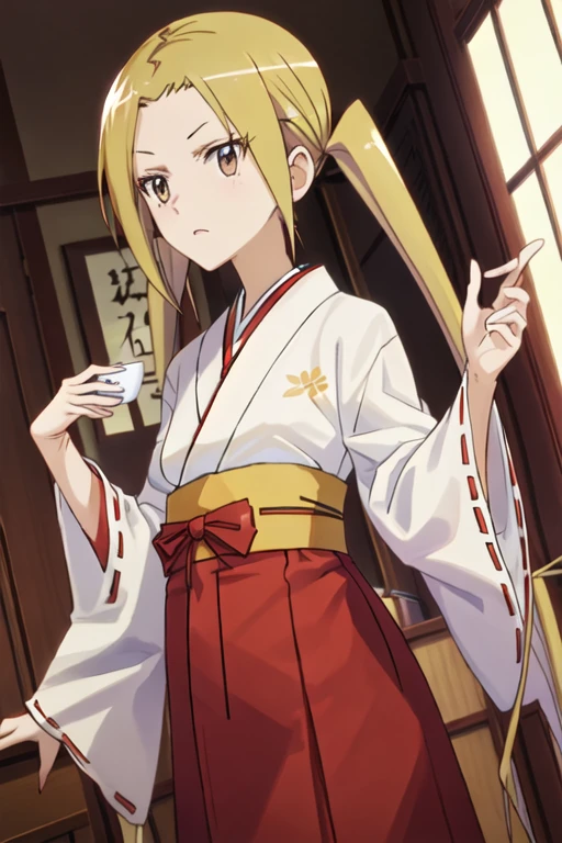 best quality, masterpiece, highres, solo, {white kimono:1.35}, {red hakama:1.35}, {wide sleeves:1.20}, {hagimura_suzu_seitokaiyakuindomo:1.15}, blonde_hair, long_hair, twintails, brown_eyes