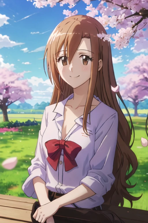 best quality, masterpiece, highres, solo, {shichijou_aria_seitokaiyakuindomo:1.15}, brown_hair, long_hair, brown_eyes, bow, smile, 1girl, blue_sky, cloud, day, hair_between_eyes, sky, upper_body, bangs, collarbone, outdoors, purple_shirt, tree, asymmetrical_bangs, cherry_blossoms, closed_mouth, looking_at_viewer, petals, shirt