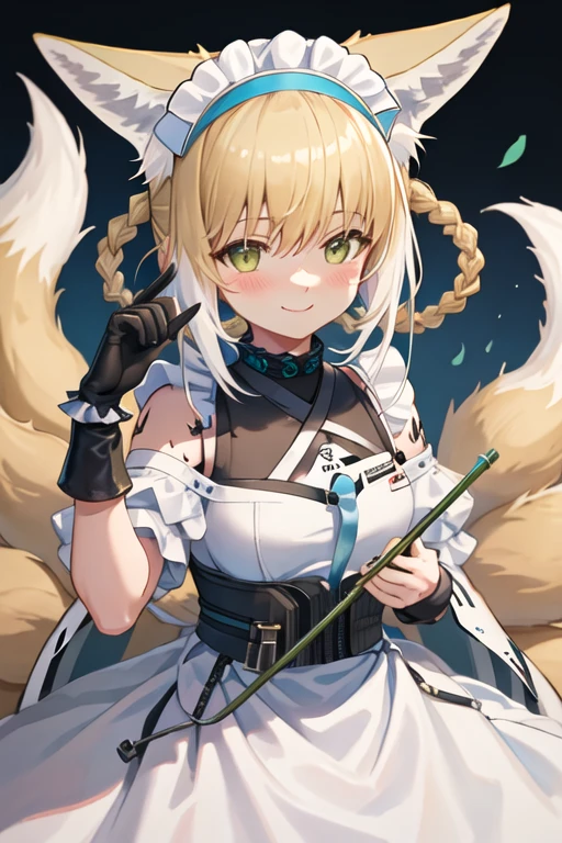 best quality, masterpiece, highres, solo, {maid:1.40}, {long maid dress:1.15}, {suzuran_arknights:1.15}, fox_ears, animal_ears, blonde_hair, bangs, fox_girl, green_eyes, hairband, animal_ear_fluff, fox_tail, tail, blue_hairband, multicolored_hair, multiple_tails, white_hair, braid, hair_rings, smile, infection_monitor_\(arknights\), kitsune, upper_body, blush, hair_between_eyes