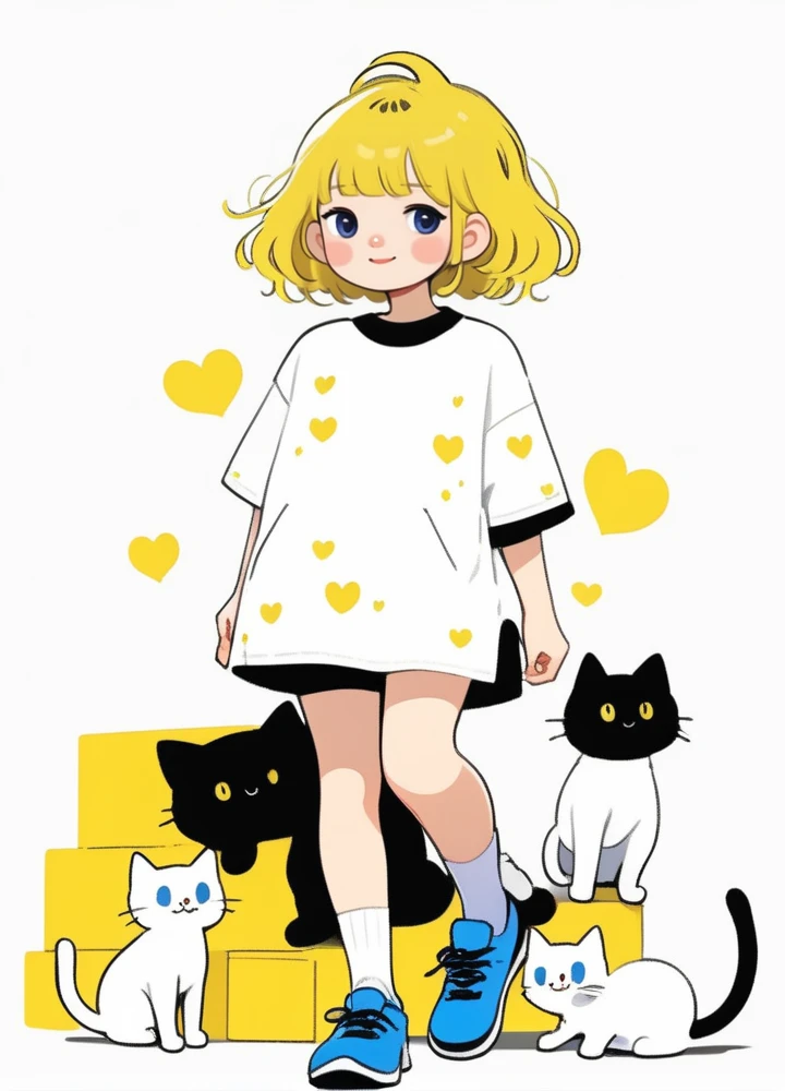 cute comic, 1girl, shirt, yellow shirt, shoes, yellow background, white hair, solo, short sleeves, blue footwear, short hair, simple background, cat, smile, holding, socks, standing, full body, looking at viewer, white cat, white socks, bangs, signature, holding animal, black eyes, blush, holding cat
<lora:sdxl_cute_social_comic:0.8>