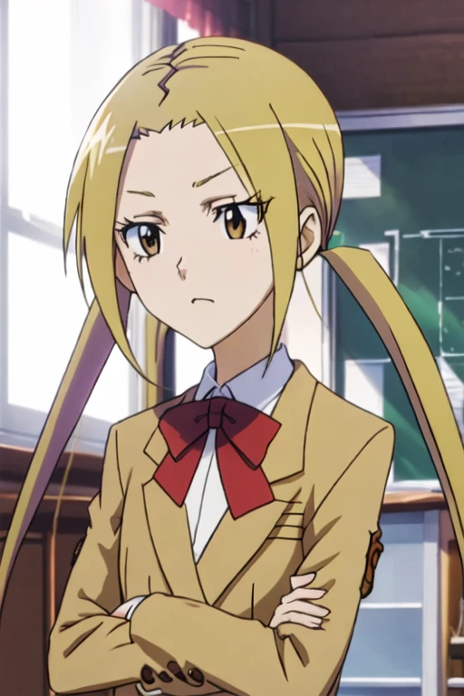 best quality, masterpiece, highres, solo, {hagimura_suzu_seitokaiyakuindomo:1.15}, blonde_hair, long_hair, twintails, brown_eyes, 2girls, multiple_girls, 1girl, school_uniform, yellow_eyes