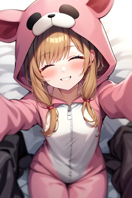 onesie, POV, blush, smile, looking at viewer, sleepy, half-closed eyes,