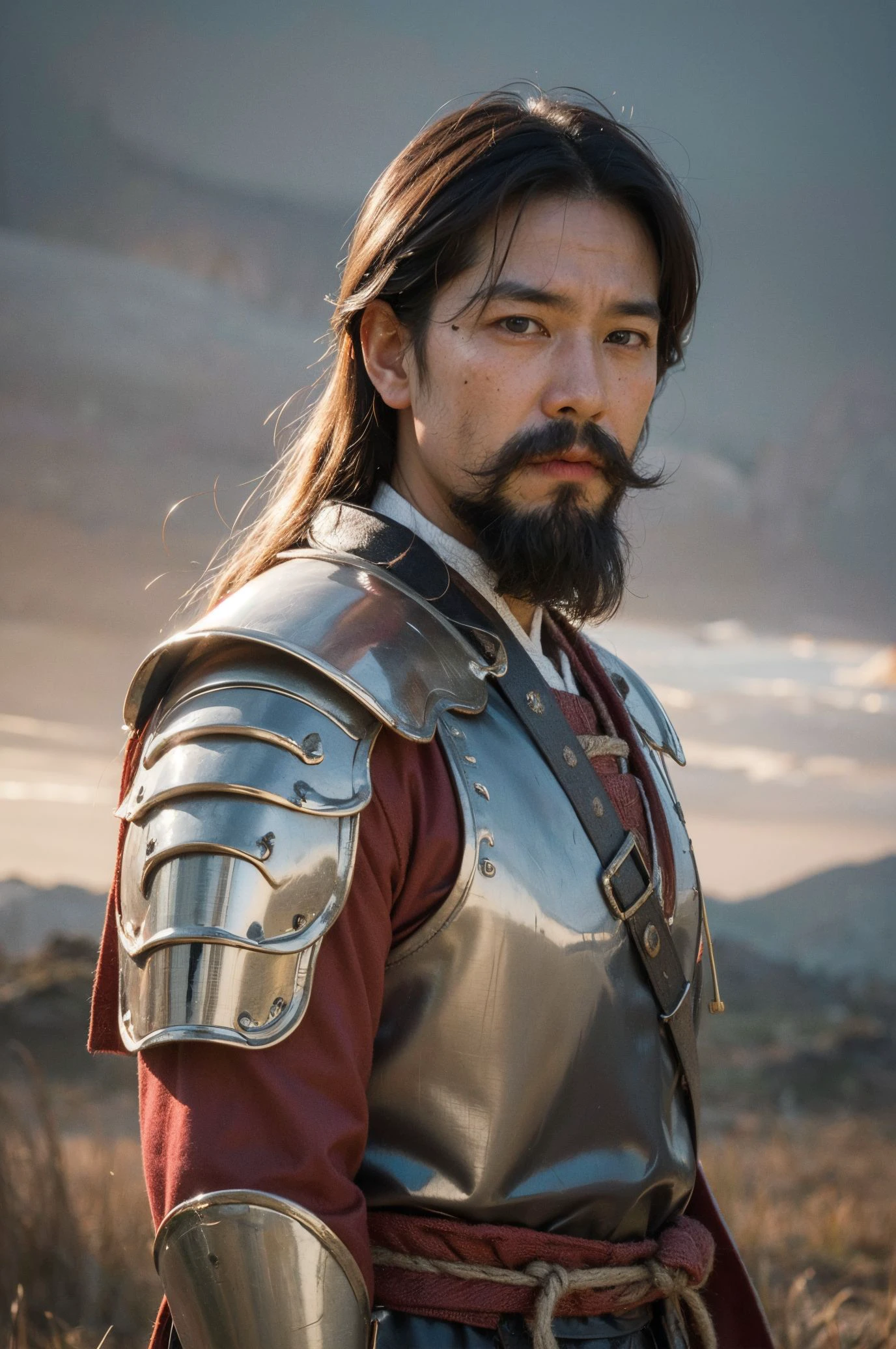 ((1 boy)), portrait of ancient asian warrior guy, wear armor, notable military leaders from the Goguryeo kingdom in ancient Korea, standing on the battlefield, war , sword on a hand, <lora:FilmVelvia3:0.5> ,
, picture of a vivid, (masterpiece:1.2),(extremely detailed),(8k:1.1),(perfect lighting,best quality,highres,original),(realistic photography:1.4) ,high detailed skin,shaded face, soft lighting, (small face),RAW, ultra highres, pores visible, ((very long mustache, very long beard)), ((50 yo warrior guy))