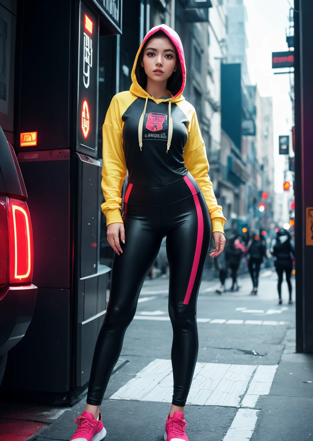edgNoire,upper body shot,female, woman wearing casual hoodie with logos, sleek designer bodysuit, (cyber leggings:1.1) ,cyberpunk scene