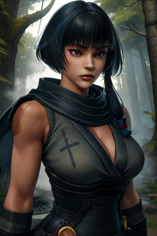 Nnja, black short hair with long lock, black eyes, blunt bangs, right hip tattoo, blue hair ribbon,
scarf, belt, hip vent, cleavage, bandages
standing, upper body,
dark forest, Edo era Japan,
(insanely detailed, beautiful detailed face, masterpiece, best quality)
<lora:Ninja:0.8>