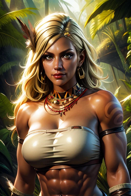 Zhurong, long blonde hair, brown eyes , left arm tattoo,lips,navel , toned,
solo, upper body, smug expression, evil smile,
earrings,thighhighs,fingerless gloves,necklace,hair ornament,feathers ,midriff, bare shoulders,tube top, tribal, white painties,
jungle, morning, burning background, fire,
(insanely detailed, beautiful detailed face, masterpiece, best quality)
<lora:Zhurong-10v3:0.7>